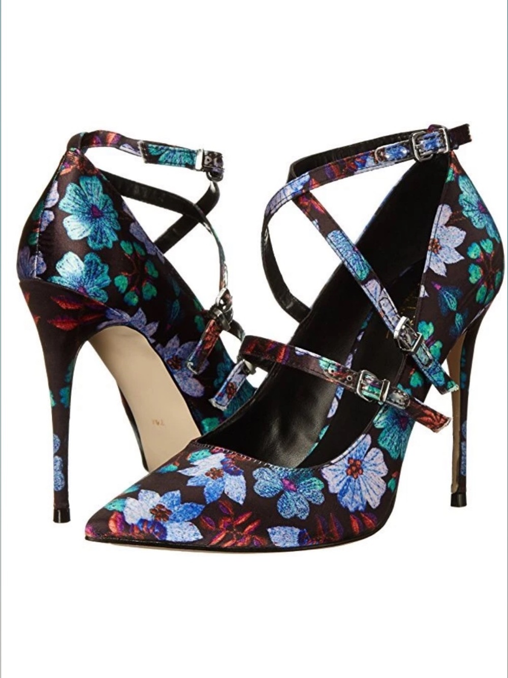 Nicole Miller Artelier Satin floral Strap Pumps‎ High Heels 8 M Pointed-Toe